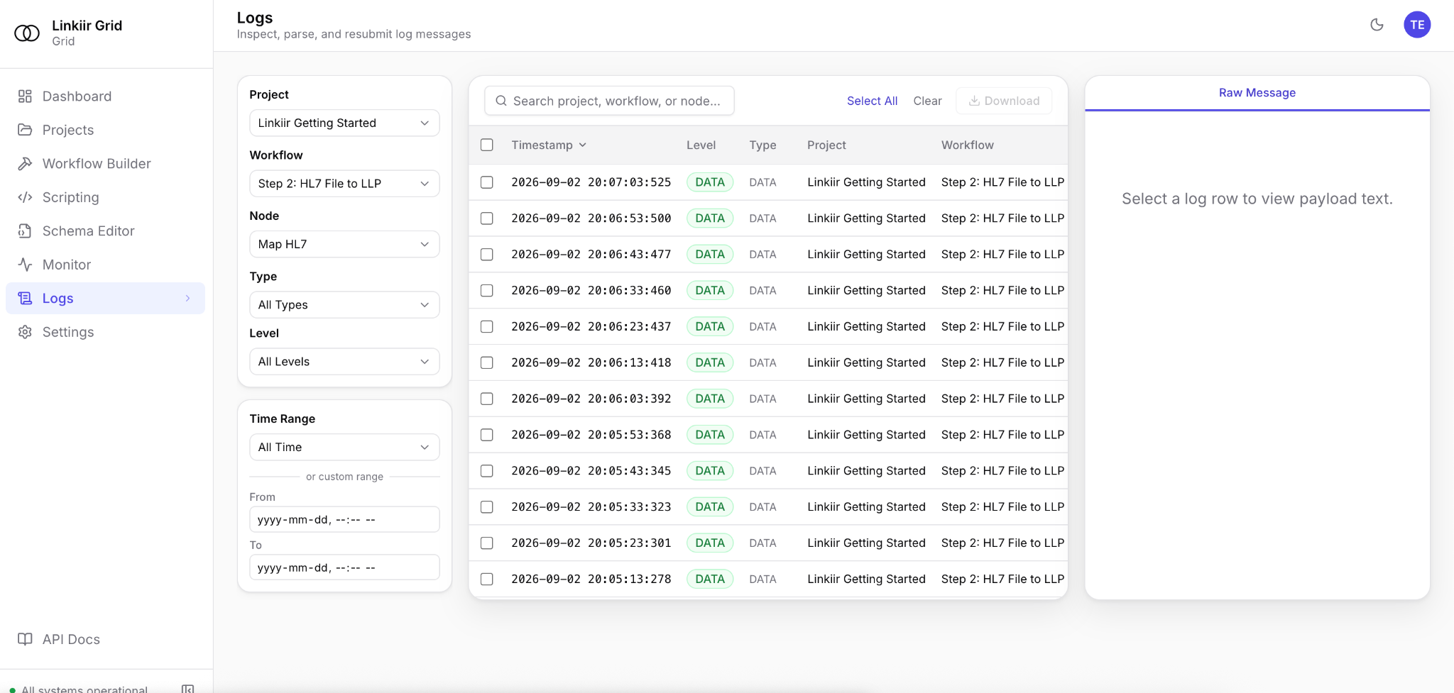 Linkiir Grid Message logs